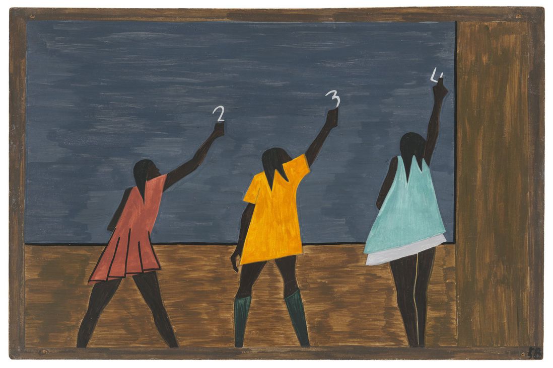Jacob Lawrence. The Migration Series. 1940-41. Panel 58: "In the North the Negro had better educational facilities." (The Jacob and Gwendolyn Knight Lawrence Foundation, Seattle / Artists Rights Society (ARS), New York)